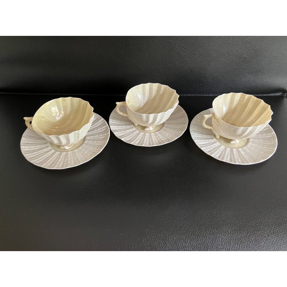 BELLEEK NEPTUNE CUPS & SAUCERS FIRST GREEN MARK